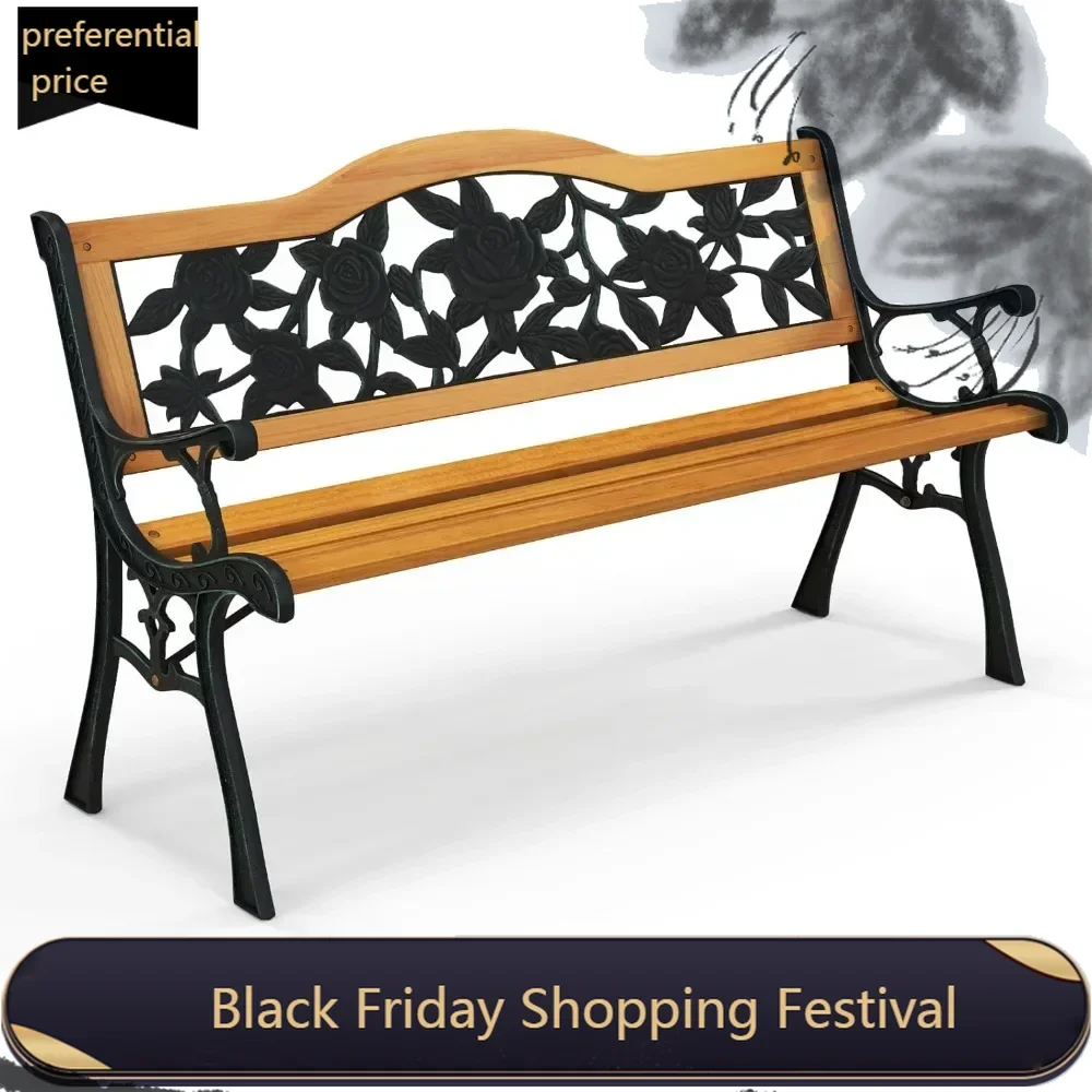 

Outdoor Garden Bench Park Bench, Patio Furniture Chair with Cast Iron&Hardwood Structure, Weather Proof Porch Loveseat