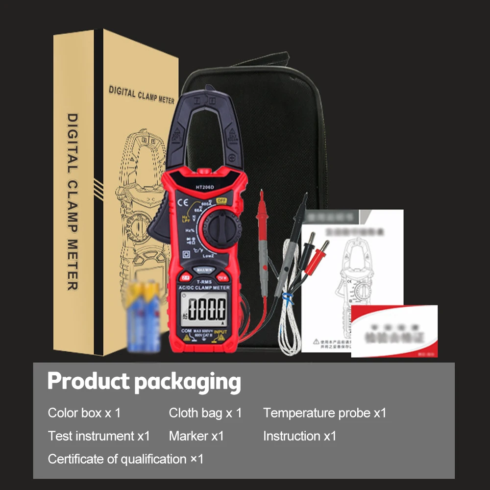 HT206A HT206B HT206D Digital Clamp Meter TRMS 6000count 600A DC AC Current AC/DC Voltage NCV Continuity Resistance Diode Hz Test