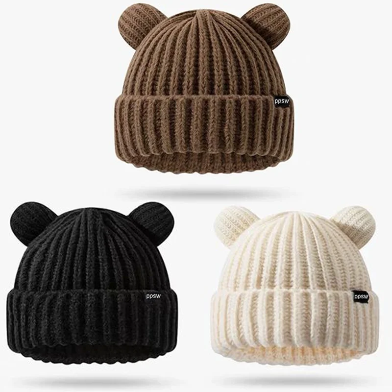 Y2K Sweet Bear Ears Thicken Knitted Hats Women Girls Soft Plush Head Protection Beanies Cute Harajuku Gothic Korean Version Caps