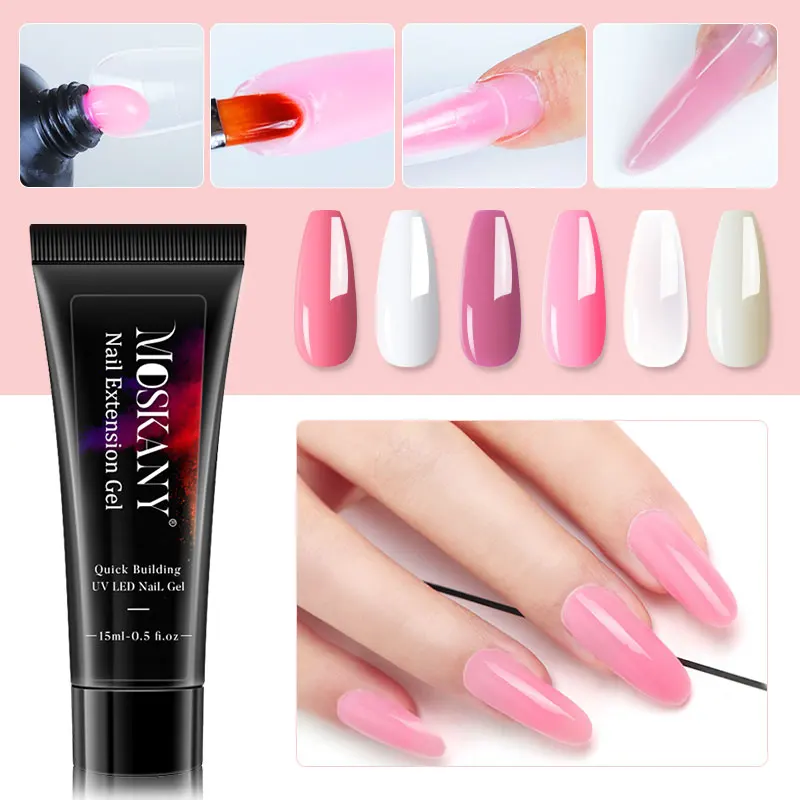 Poly Extention Gel Set Nail Art French Nail Art Clear Color with Top/Best Coat and LED Lamp Nude Color Fast Polish Kit