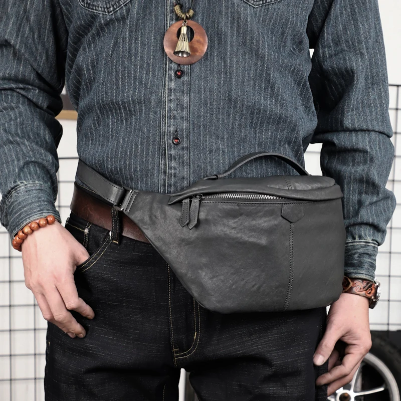 Handmade Genuine Leather Men\'s Chest Bag Solid Color Crossbody Shoulder Bag Portable Waist Pack Male Handbag Chest Packs