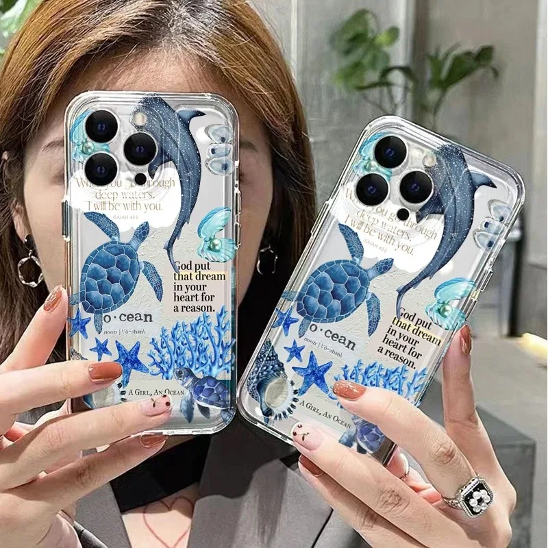 Summer Ocean Sea Turtle Dolphin Case For iPhone 17 16 15 14 Plus 13 12 11 Pro Max 16E 17 Air Coastal Beach Clear Soft TPU Cover
