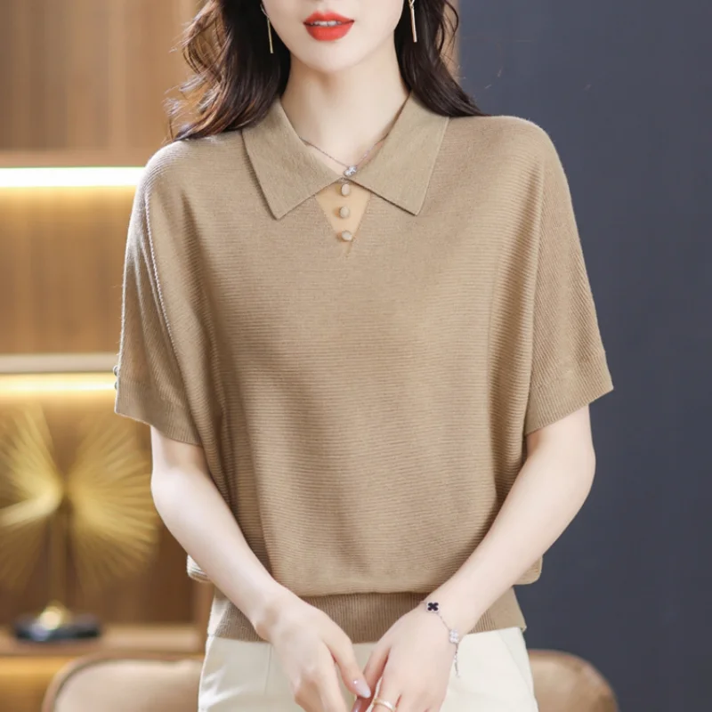 Korean Women Summer Short Sleeve Knitted Polo Shirts Fashion Casual Loose Ice Silk Solid Thin Simple New All-match Pullover Tops