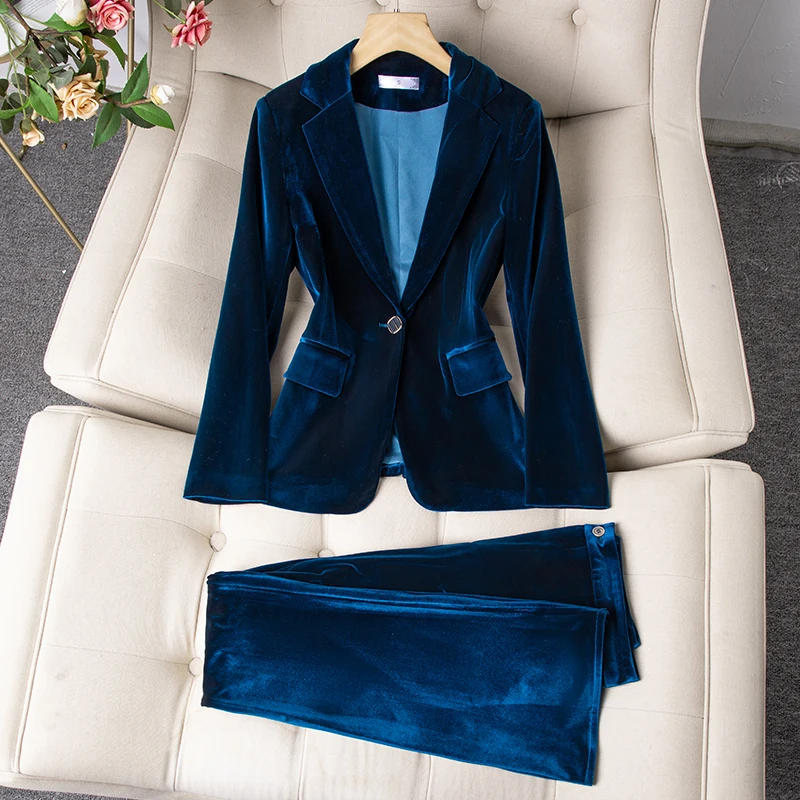 ZJYT Autumn Winter Velvet Jacket Pant Sets Two Pieces Womens Outfit Elegant Ladies One Button Blazer Suit Trousers Office Work