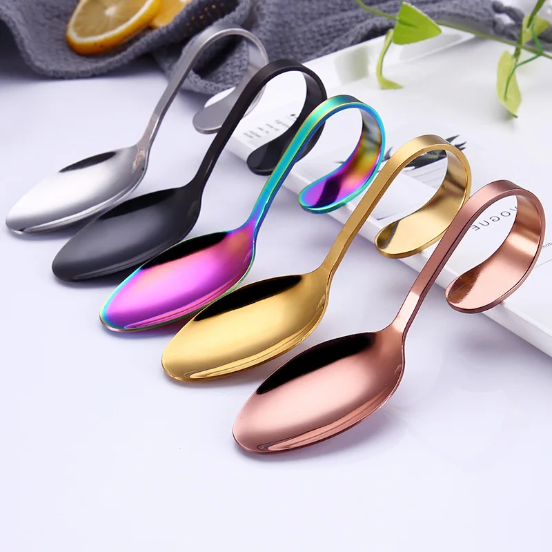 Colorful stainless steel dinner serving spoon, dessert spoons serve, decorative curved, cute ice cream spoon, catering seasoning