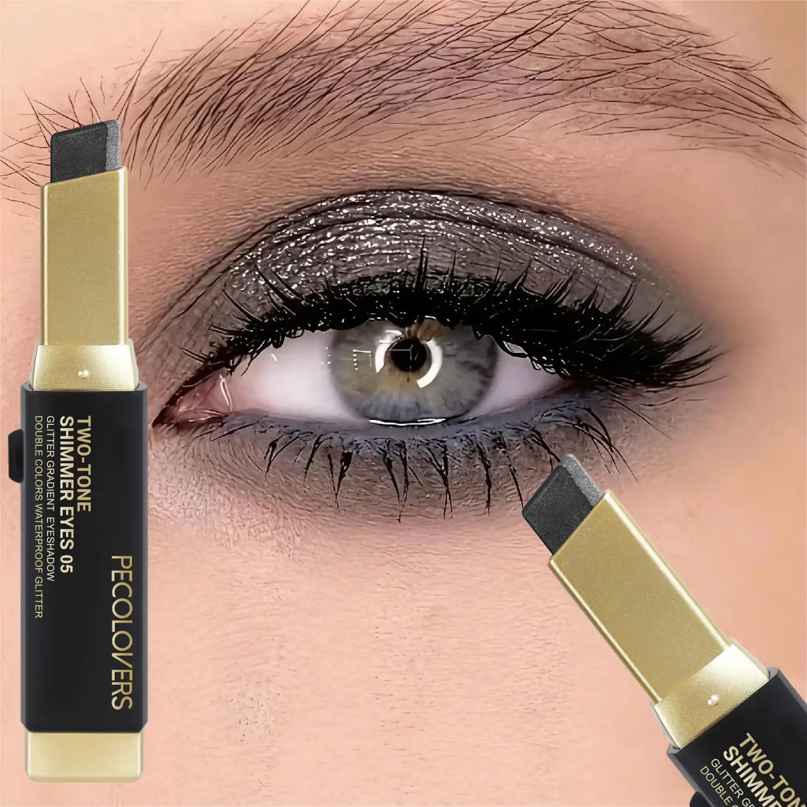 1 Stück farbiger, glänzender Lidschattenstift, Glitzer-Schimmer, einfach zu färben, zweifarbiges (hell und dunkel) Lidschatten-Design, spart Make-up-Zeit