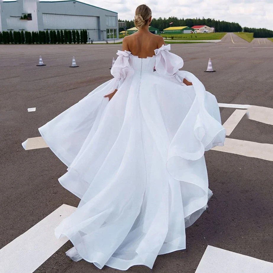 French White Organza Strapless Wedding Trailing Dresses for Bride 2024 Elegant Long Sleeve Prom Evening Guest Party Women Dress