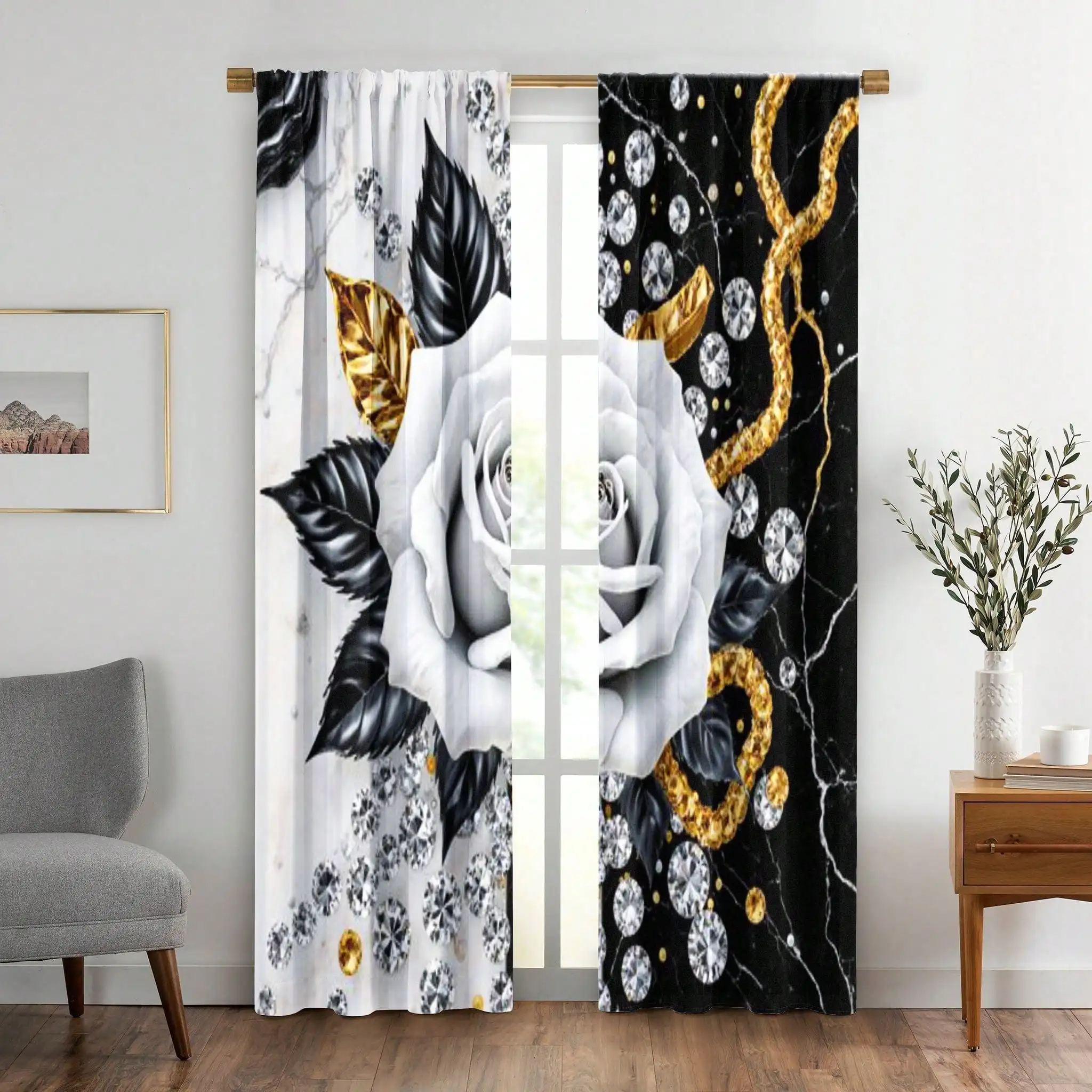Realistic White Rose With Black Glossy Leaves Golden Accent And Diamonds Decorative Curtain Set, High Contrast Marble Background