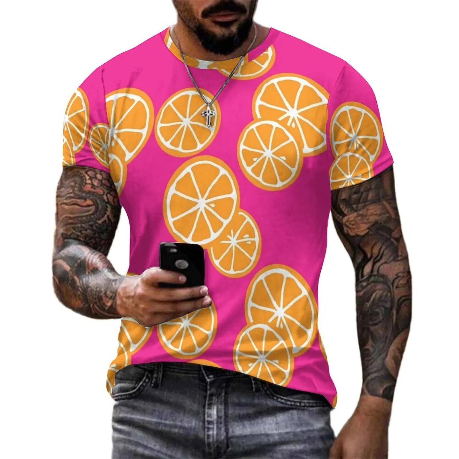 Oranges Slices T Shirt Fruits Print Retro T-Shirts Man Aesthetic Tee Shirt Summer Short Sleeves Graphic Clothes Plus Size