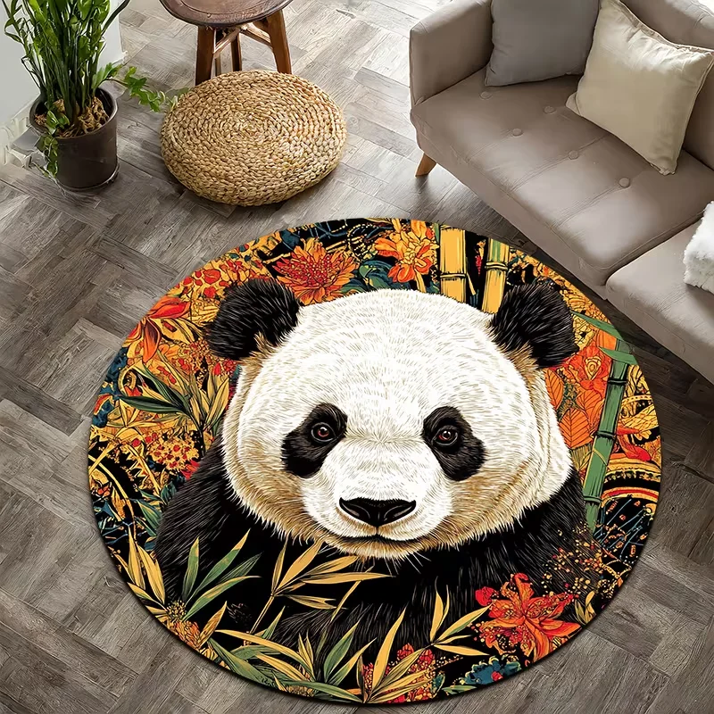 Vibrant Panda Bamboo Floral Round Rug Animal Print Non Slip Soft Circular Carpet for Bedroom Living Room Home Decor