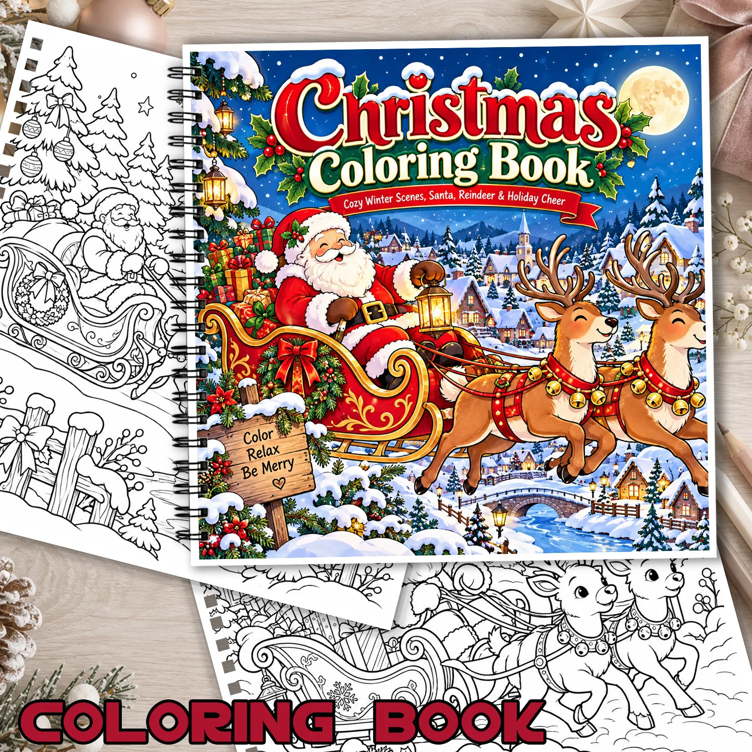 Christmas Coloring Book Cozy Winter Scenes Santa Reindeer & Holiday Cheer, 24Pages Showcasing Creativity & Relieving Stress