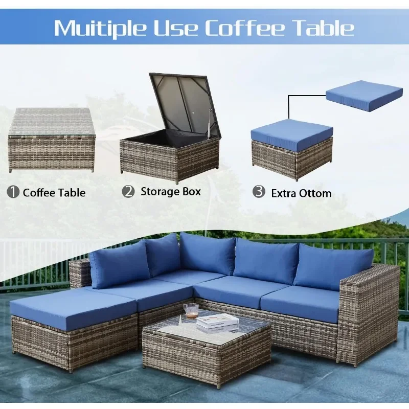 Muebles de mimbre para Patio, juegos de conversación con cojines, sofá seccional pequeño para exteriores de 5 plazas, color azul/gris