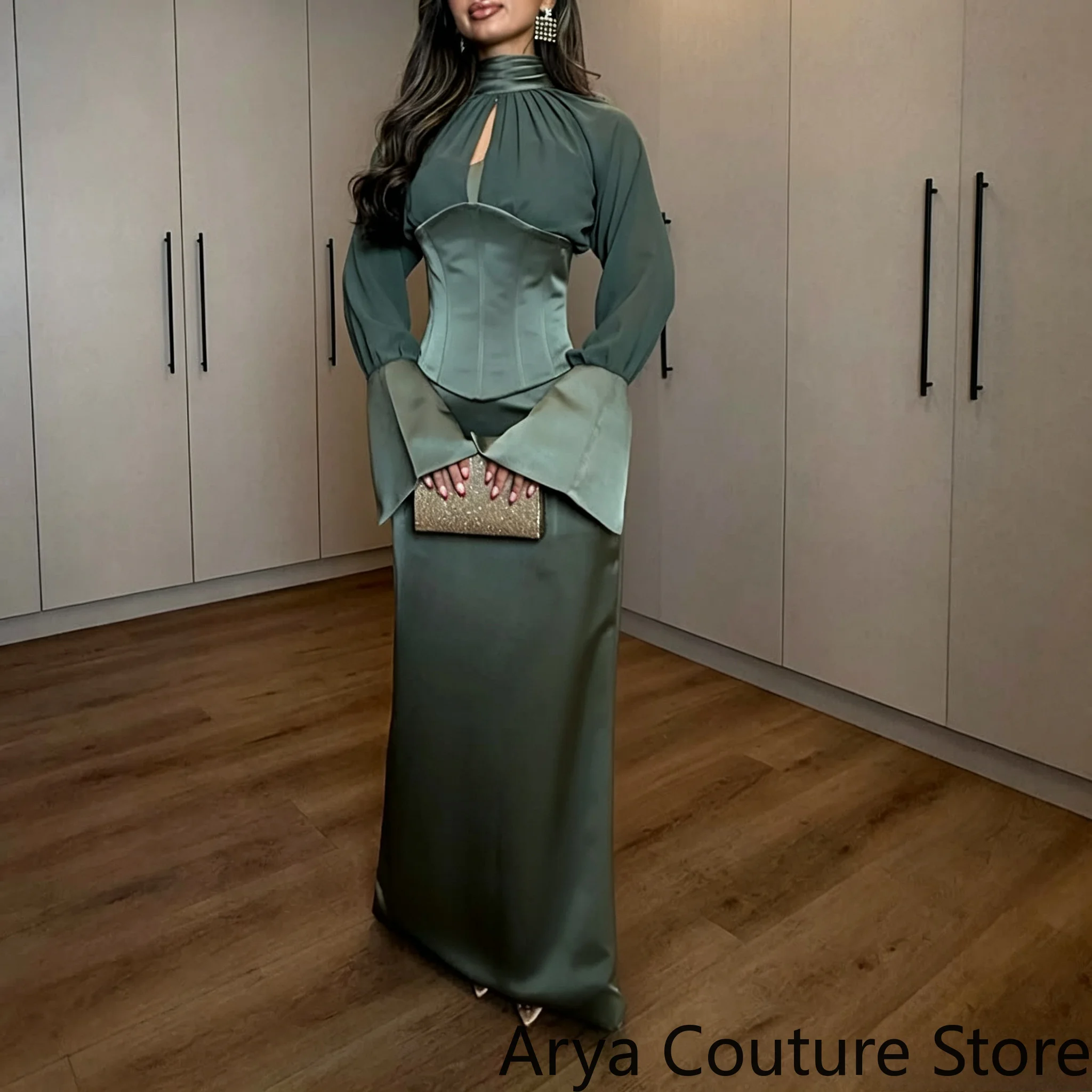 Customized Elegant Sage Green Modest Two‑Piece Evening Gown High Neck Keyhole Cutout Long Flare Sleeve Structured Corset