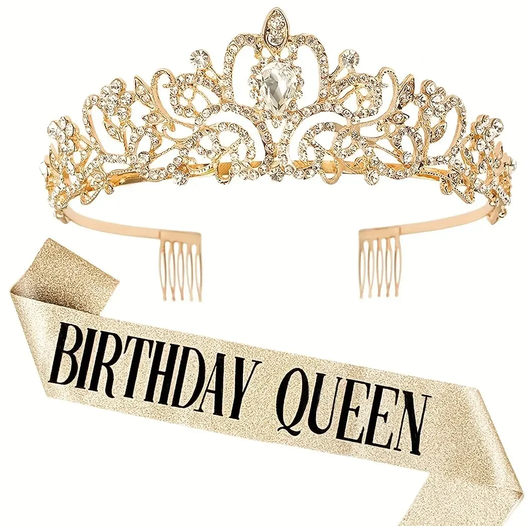 Bling Strass Kristall Krone Tiara Geburtstags kind Königin Schärpe und Krone für Frauen Geburtstags feier Dekoration Kit – Detail 7