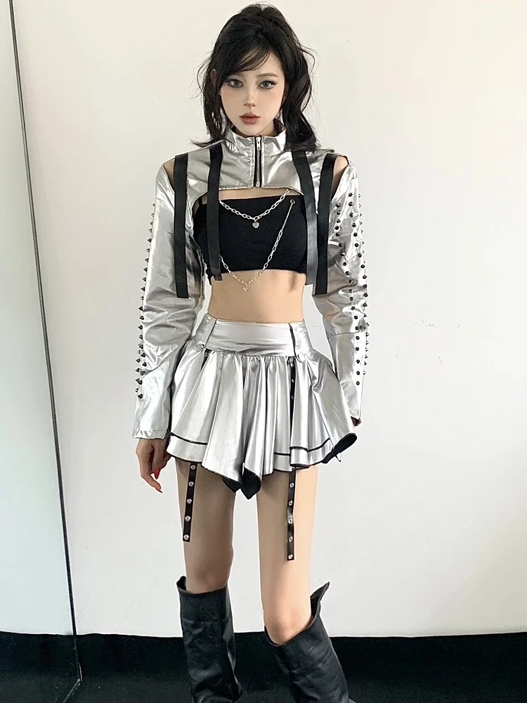 Sexy Silver AI Future Tech Performance Clothes Set for Female Group Bar Gogo Nightclub Show Performances Stage Outfits