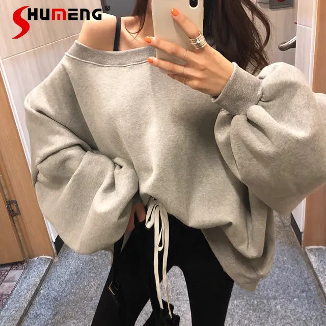 

Fashion Simple Velvet Warm Hoodies Female 2022 Autumn Winter Lazy Loose Sexy Off-Shoulder Lantern Sleeve Pullover Sweatshirt Top