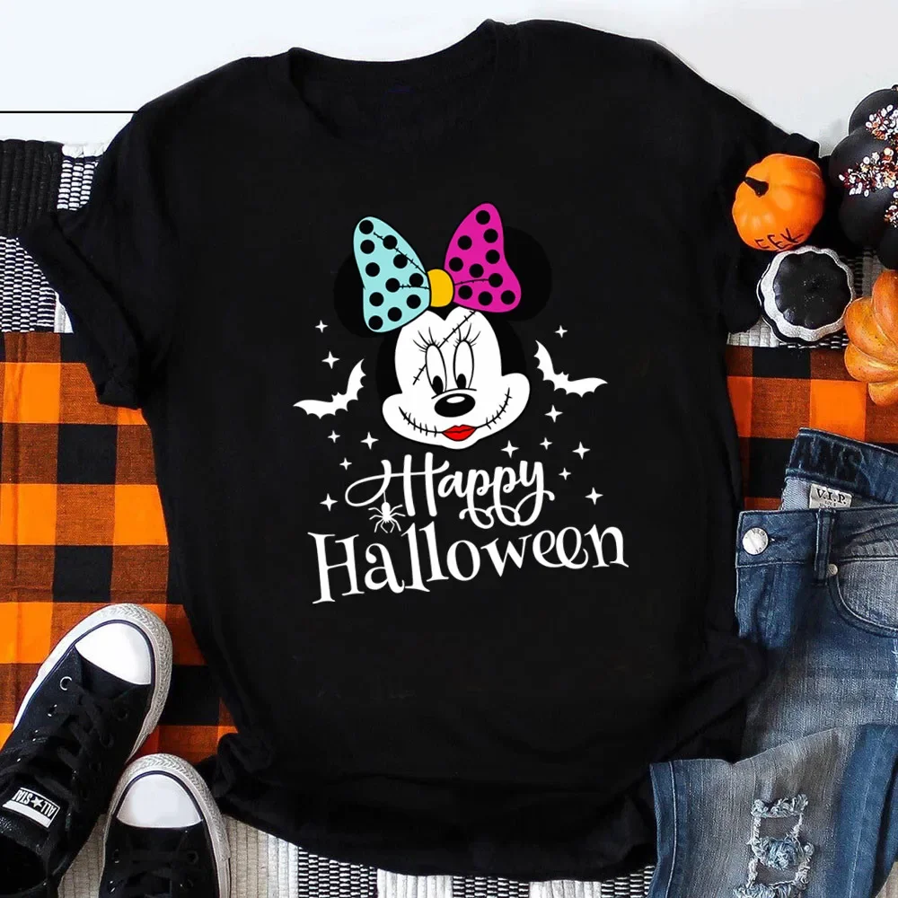 Happy Halloween Mickey T-shirts Woman Graphic cartoon T-shirts Festival Vibe Vacation Clothes Black Tops Autumn T Shirt Women