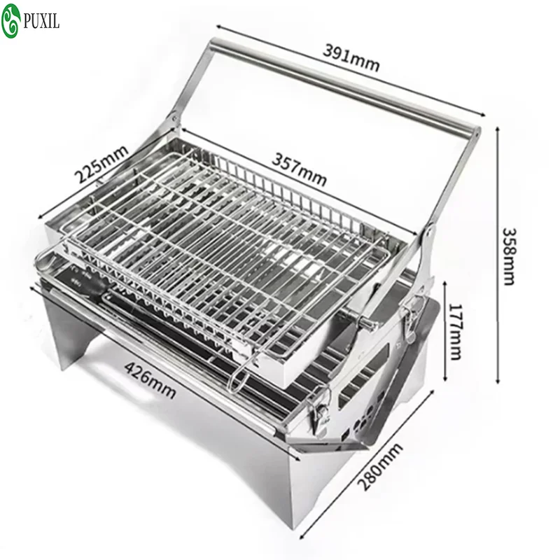 Flip Grill 360° Rotating Barbecue Grill, Manual Push-Pull Auto Flipping Charcoal Grill for Outdoor Camping & Picnics
