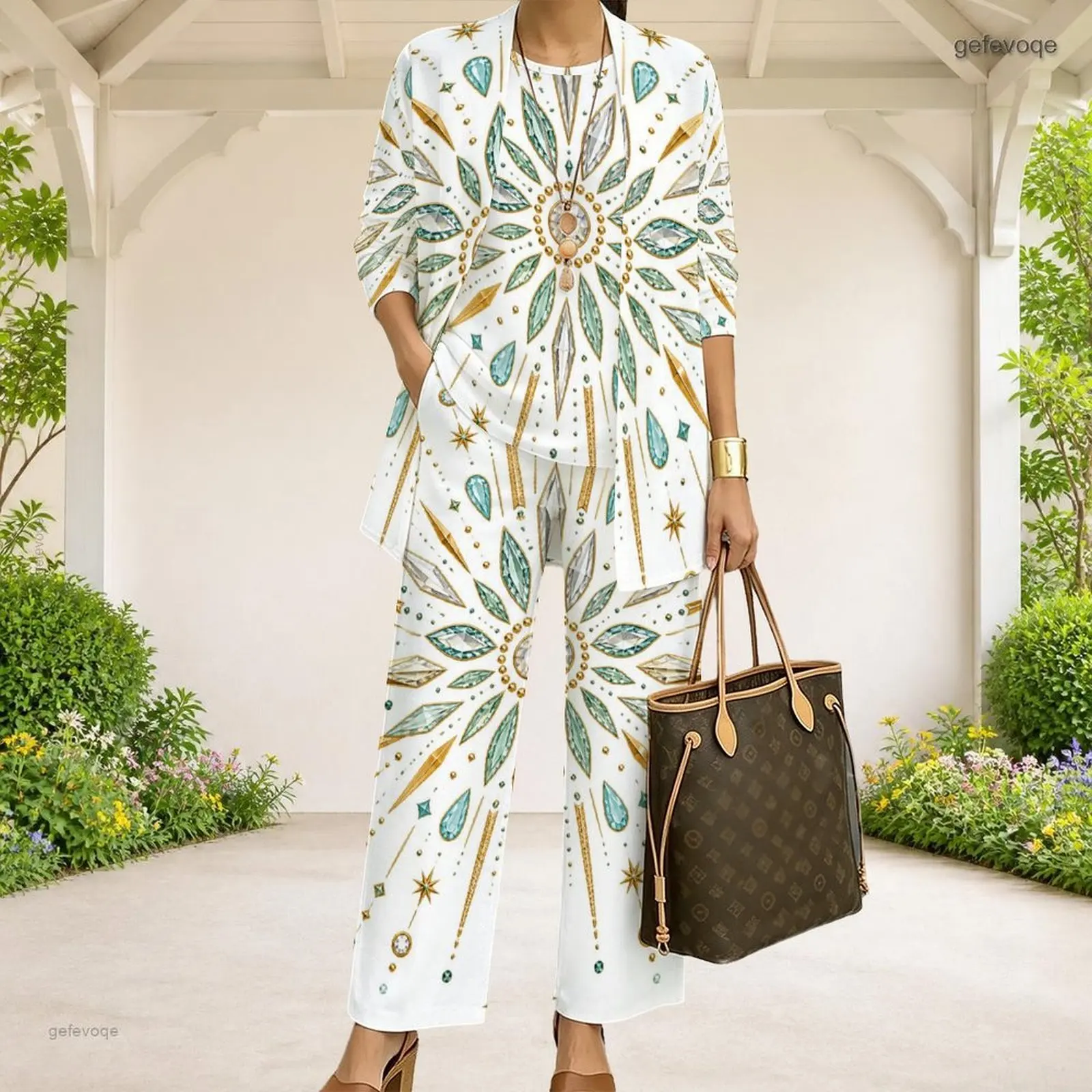 Women 3 Piece Printed Pants Set 3/4 Sleeve Open Front Cardigan Tank Top Long Pants Floral Baroque Motif