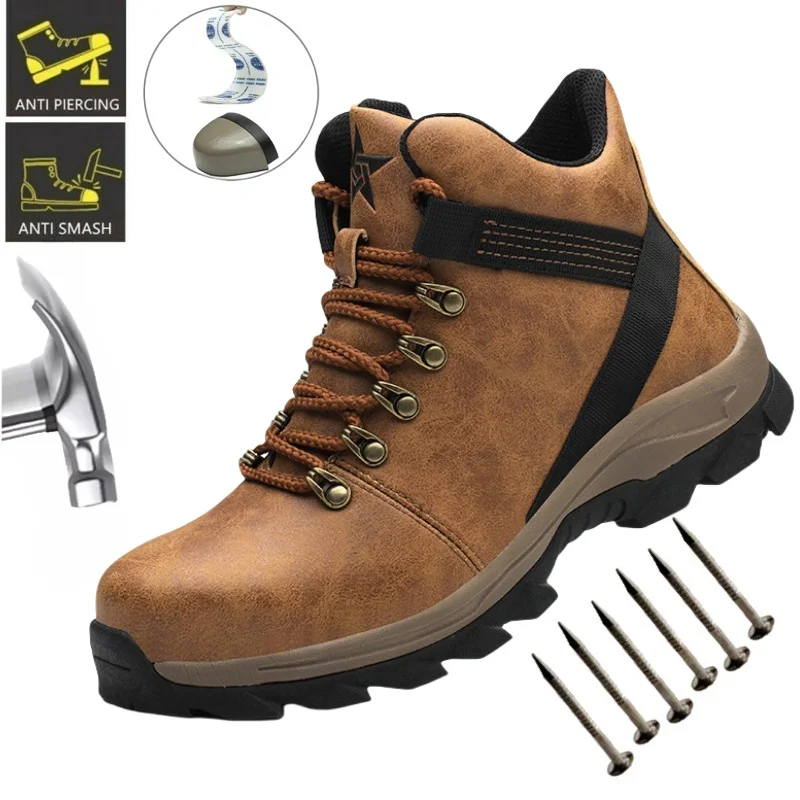 Zapatos de seguridad impermeables de Color Borwn, Botas de trabajo con punta de acero para Hombre, Botas de plataforma antideslizantes antigolpes para senderismo y senderismo, Botas para Hombre