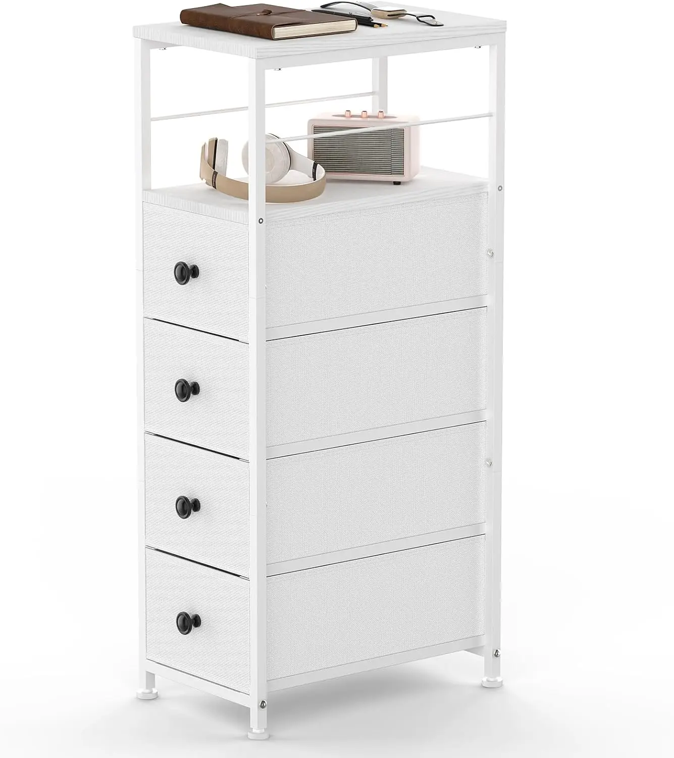 

Slim Dresser with 4 Fabric Drawers, White Storage Cabinet for Small Bedroom Spaces