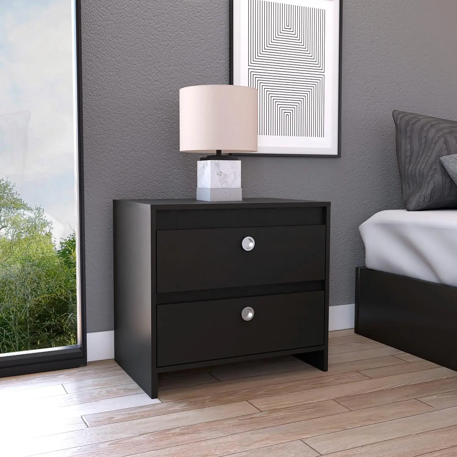 Idaly Nightstand, Superior Top, Two Drawers Black