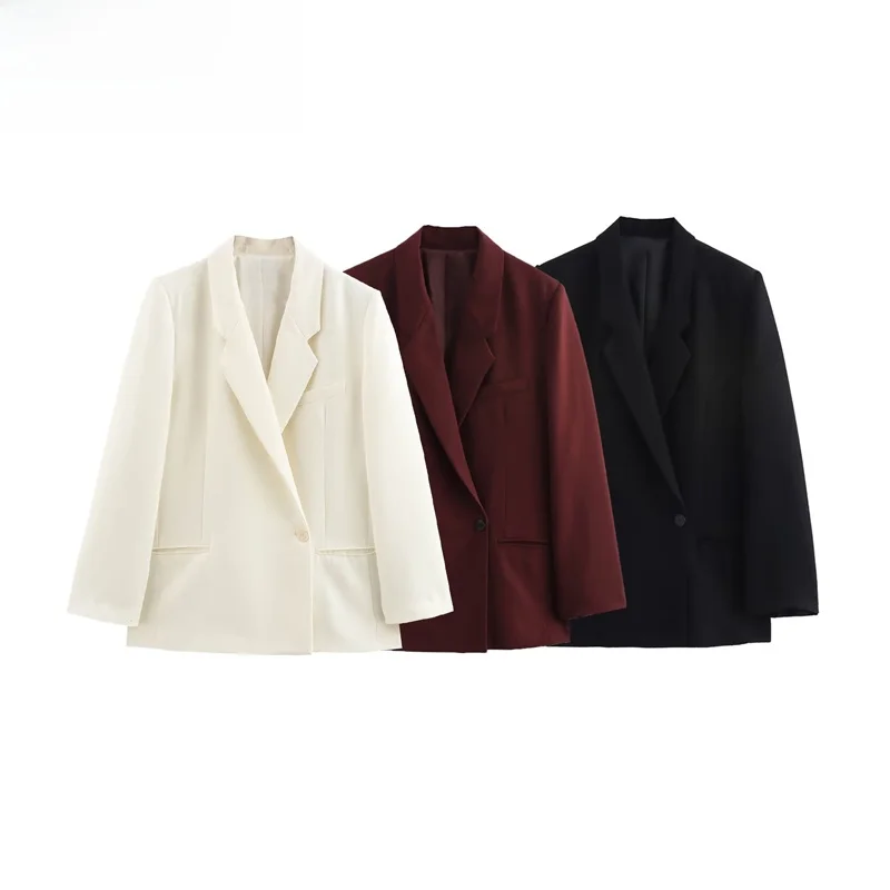 

ZBZR Autumn New Sle Casual Loose Women's Suit Jaet Commute Sle Straight Tube Long Sve Pure Color One Button