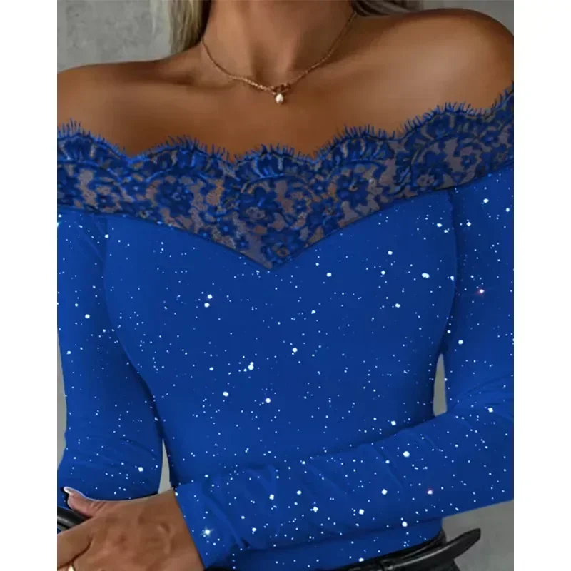 Spring Summer New Women\'s Solid Color Lace Stitching off-Shoulder Long Sleeve Dusting Powder Top