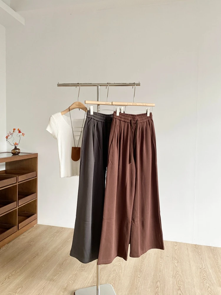 النسخة الكورية بسيطة عالية الخصر الرباط معلقة يشعر السراويل عارضة تنوعا اليومية التنقل السراويل واسعة الساق للنساء