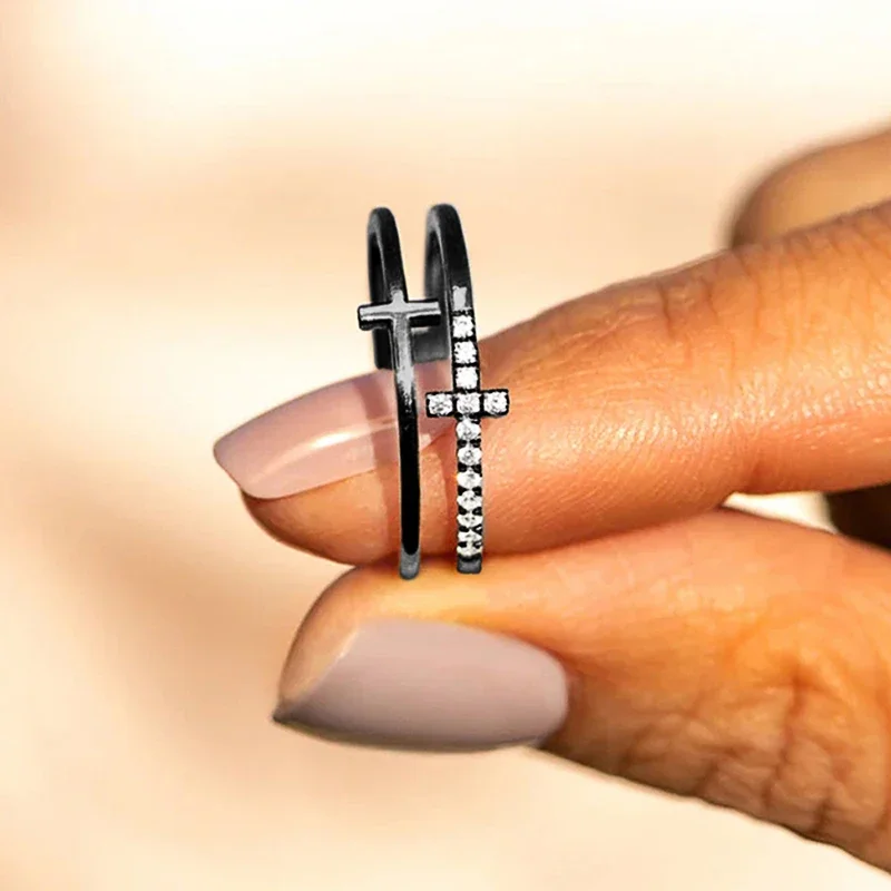 خواتم Huitan الرائعة للنساء بتصميم متقاطع فريد من نوعه بطبقة مزدوجة إكسسوارات الأصابع لامعة يومية منخفضة المفتاح مجوهرات مكتبية رائعة #5