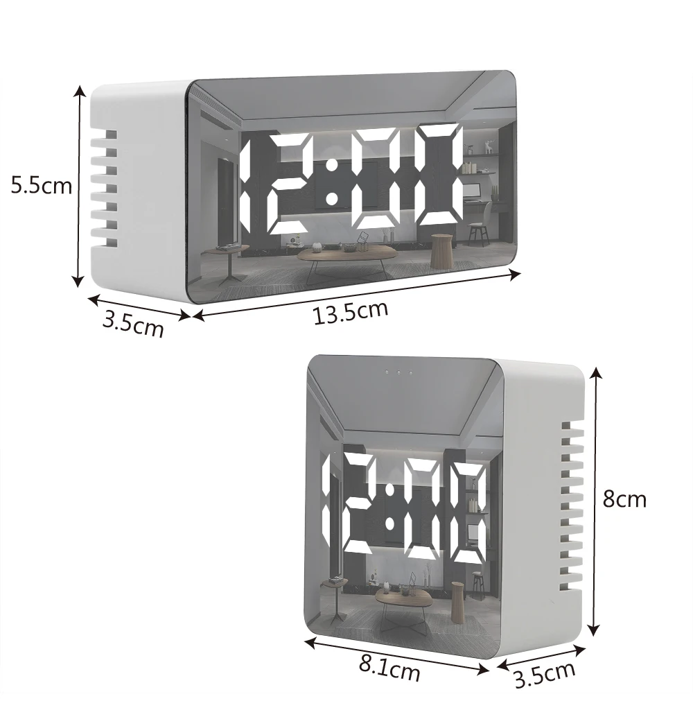 USB & Battery Operated Desk Table Alarm Clocks Mirror Clock with Snooze Function Digital LED Display Desktop Clock Thermometer