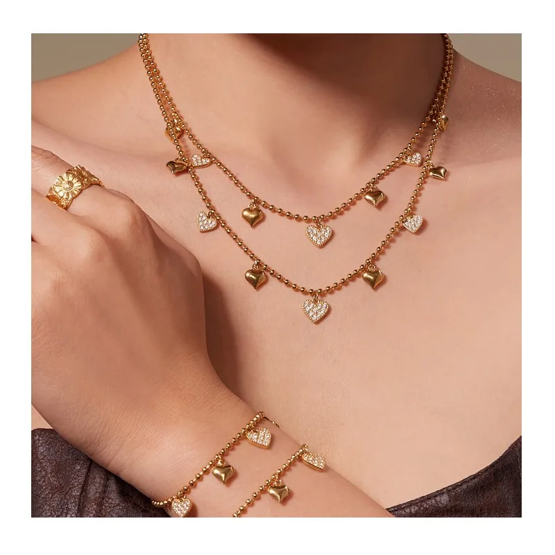 

Stainless Steel Love Zircon Necklace Bracelet Earrings Gold Plated Style Versatile Jewelry