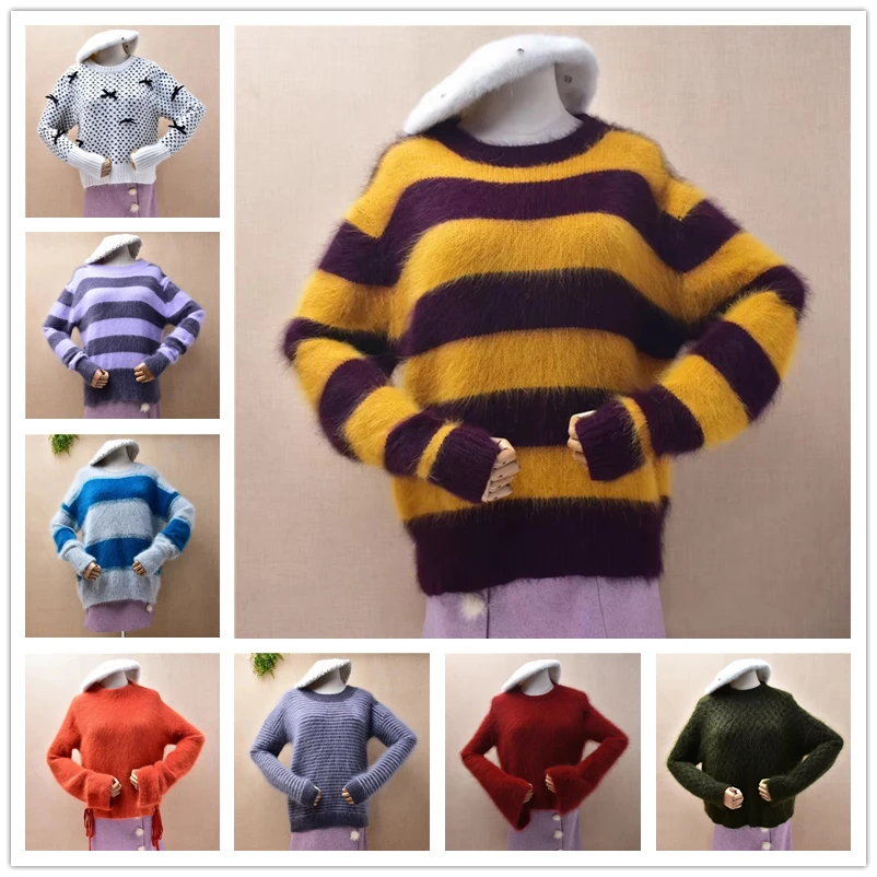 Ladies Women Autumn Winter Colored Hairy Mink Cashmere Knitted O-Neck Long Sleeves Loose Pullover Angora Fur Sweater Jumper Pull