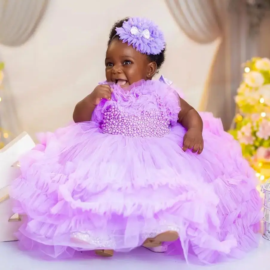 

Lavender Pearls Girls Birthday Party Dresses Beaded Ruffles Flower Girl Dresses Baby Kids Ball Gowns for Photo Shoot