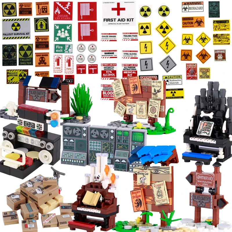 MOC City Street View Building Blocks Computer Controller Medical CT Road Signs Game Consoles Dessert Cabinets Printed Bricks Toy