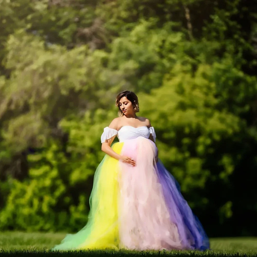 Vestidos de maternidad sin hombros para sesión de fotos, maxivestido de malla arcoíris para mujer embarazada, accesorios de fotografía, Vestido largo de embarazo, 2024