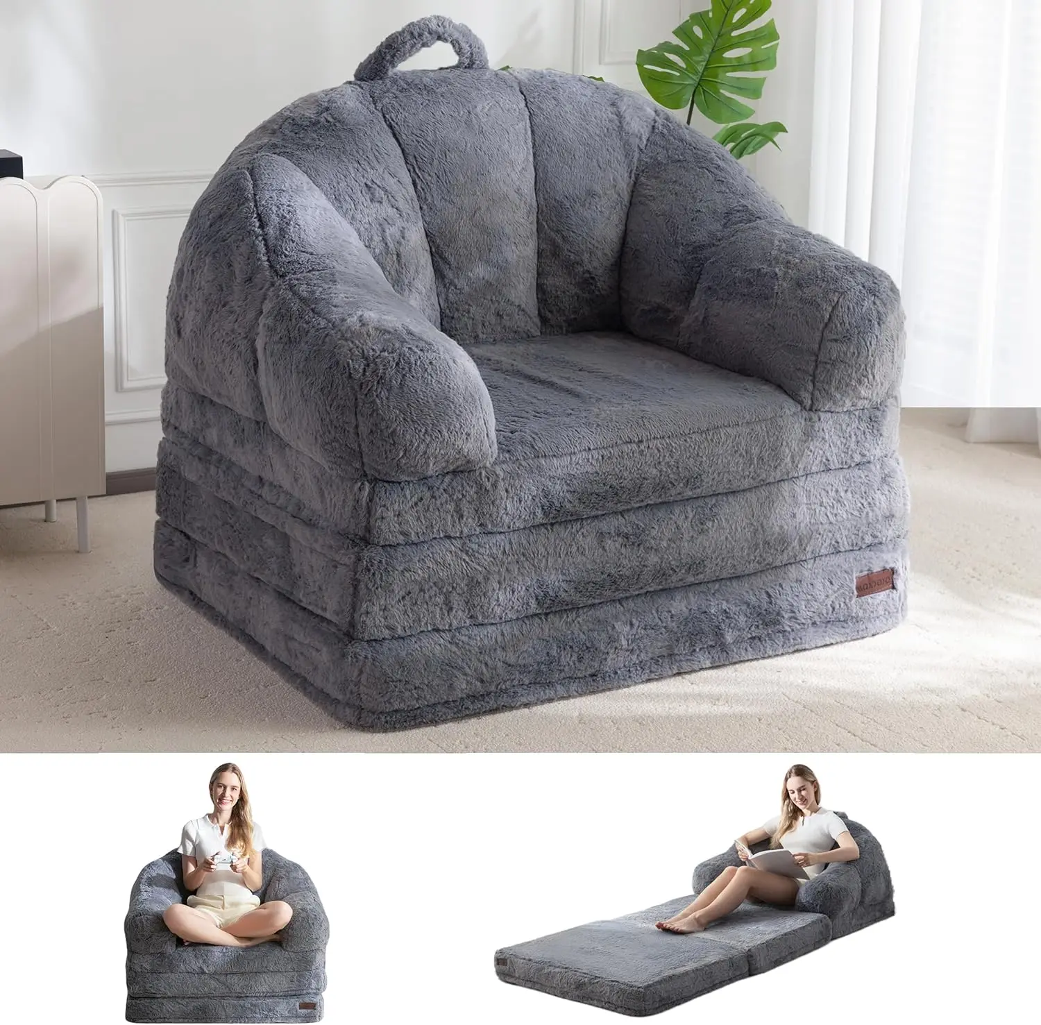 

Folding Sofa Bed, 2 in 1 Convertible Lounger, Comfy Single Bean Bag Chair, Floor Sleeper Couch, Faux Fur, Grey