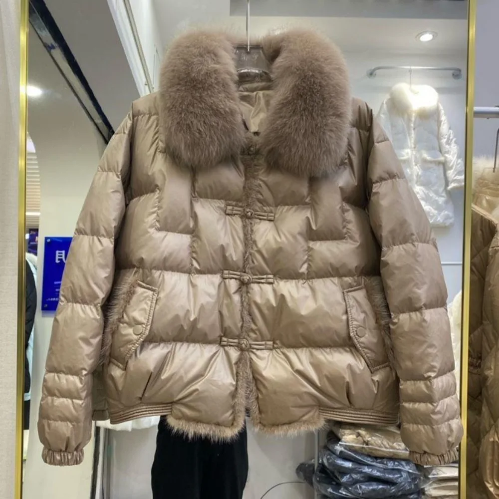 White Duck Down Jacket Ladies Loose Vintage 2023 Real Fox Fur Collar Winter Women Short Warm Puffer Coat Female Parka Outerwear