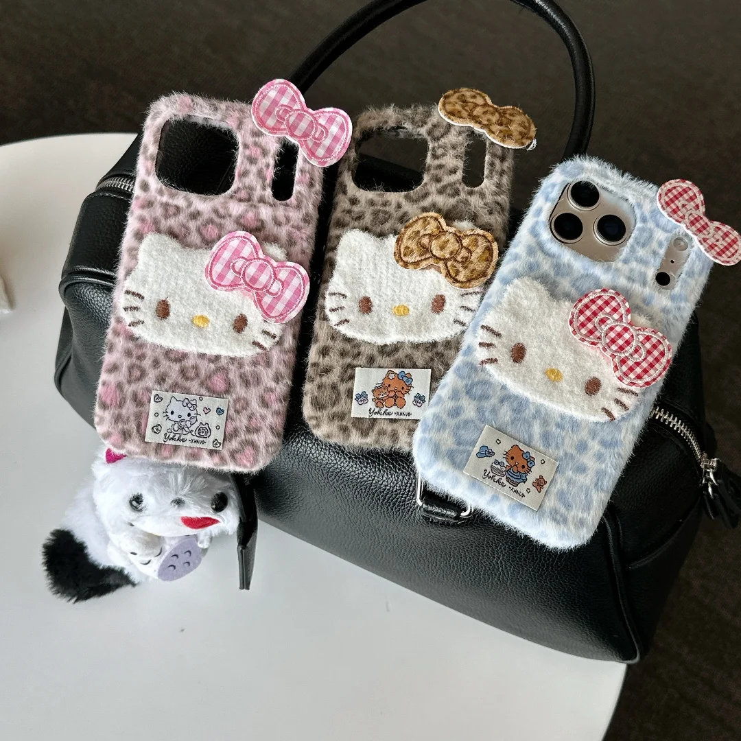 

Plush leopard print HelloKitty Phone Case For Iphone 14 15 16 17Pro Max Winter Plush Mobile Phone Shell Girl Gift with lanyard﻿﻿