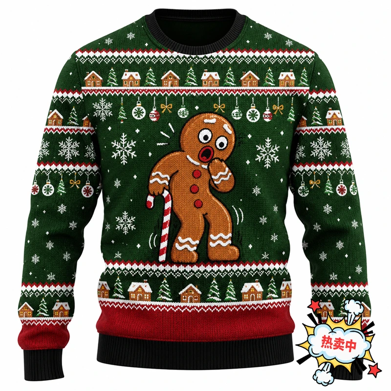 Funny Gingerbread Man Graphic Men Ugly Christmas Sweatshirt 3D Print Cookie Long Sleeve Sweater Winter Xmas Pullover Gift Unisex