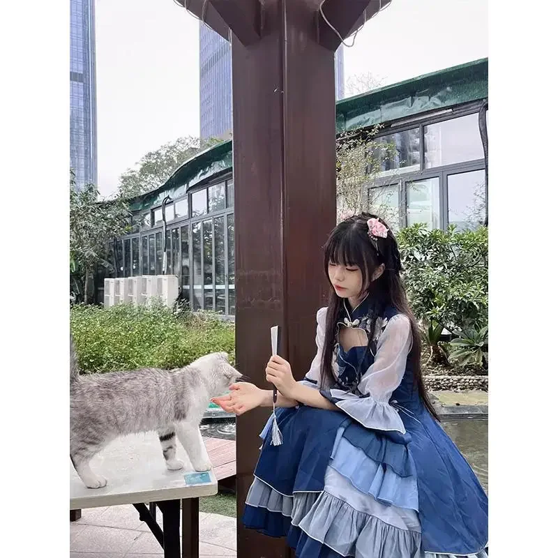 Chinese Style Han Element Lolita Dress Women Vintage Blue Patchwork Middle Sleeve Elegant Flower Print Princess Dresses