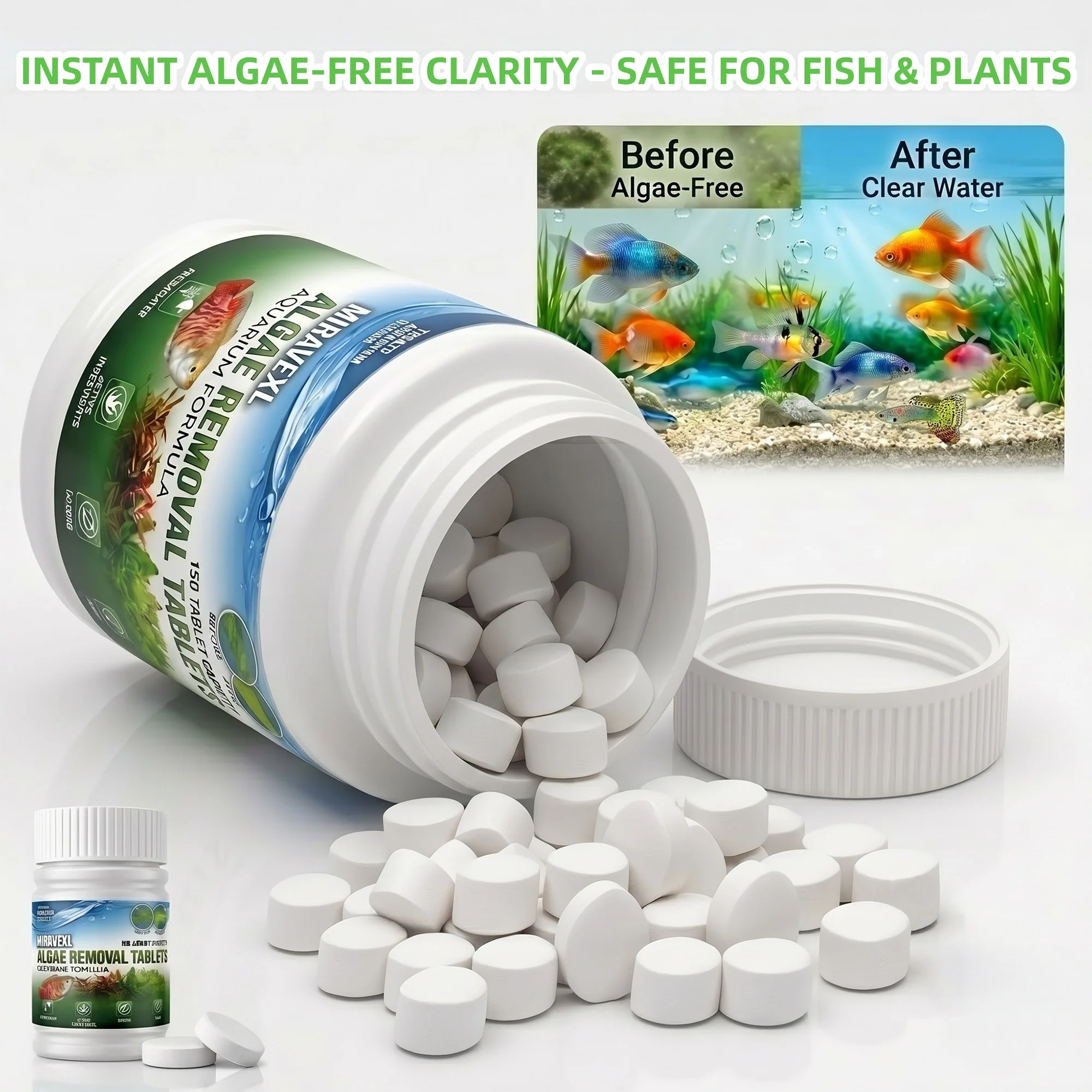 Aquarium Algae Control Tablets Rapid Green Water Treatment Safe Algaecide Cleaner for Fish Tank Pond Aquascaping 150 Count