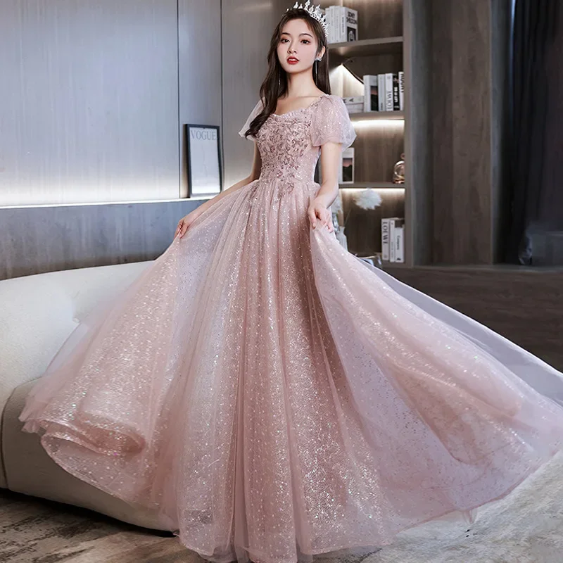 

Pink Banquet Evening Dress Spring/Summer New Style Simple and Elegant Host Dress Art Exam Adult Ceremony Dress Customizable