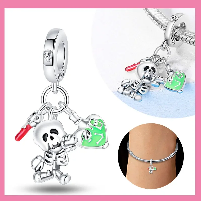 

Стерлингового Серебра 925 пробы, Хэллоуин, скелет, подвеска, бусины, подходят для оригинального браслета для женщин, ювелирные изделия на День Святого Валентина, подарки