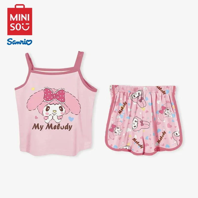 MINISO Sanrio Children's Camisole Pajamas Girls Summer My Melody Cotton Cartoon Cute Home Clothes Cinnamoroll Thin Camisole Set