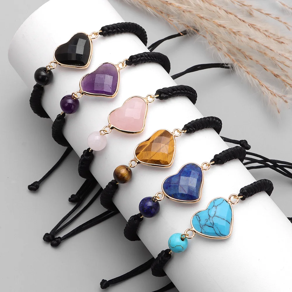 Adjustable Bracelet With Woven Black Rope Heart Shap Natural Purple Amethyst Crystal Charm Bracelet Gift For Women Friend