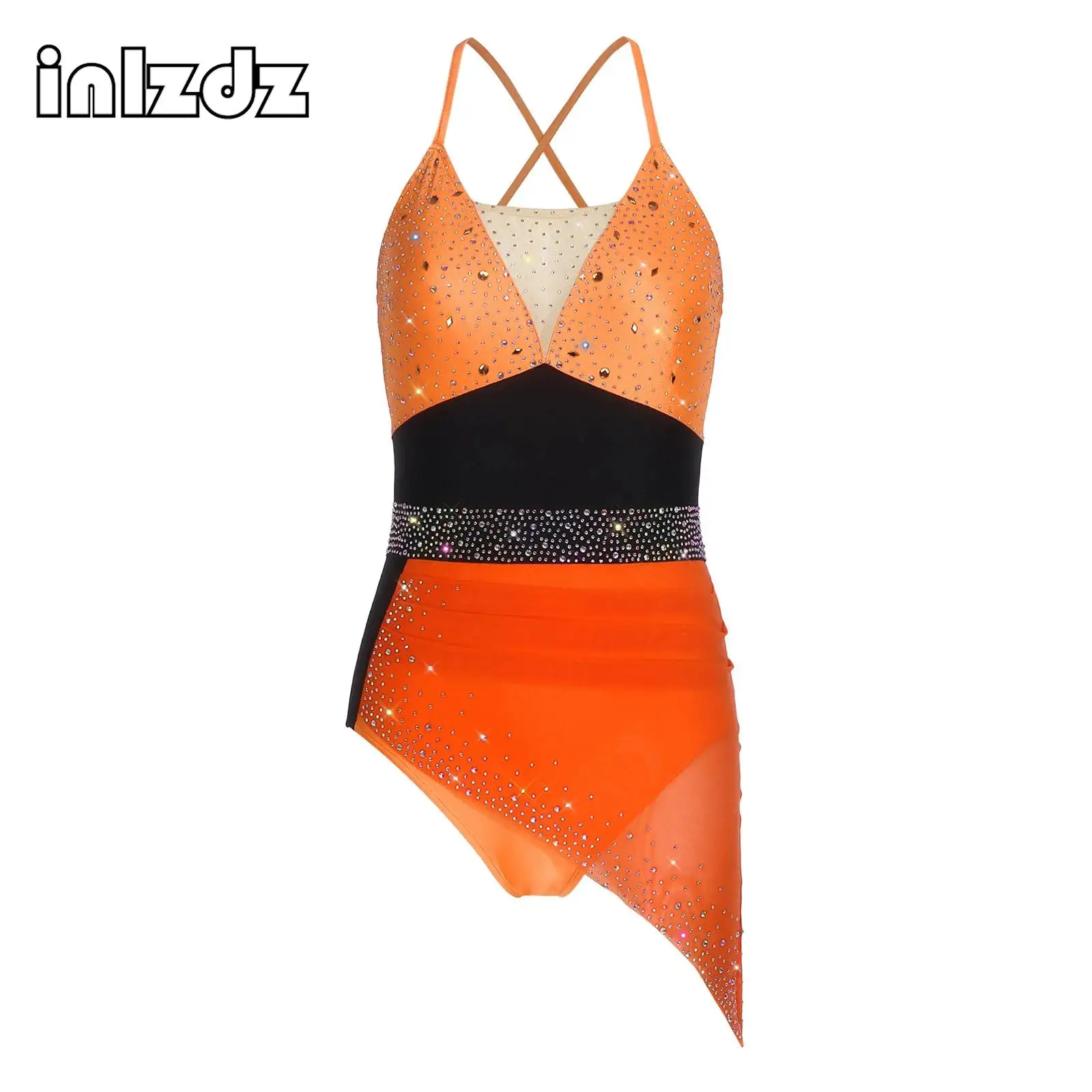 

Womens Figure Skating Rhythmic Gymnastics Ballet Latin Lyrical Dance Performance Costume Shiny Rhinestone Leotard Sling Bodysuit