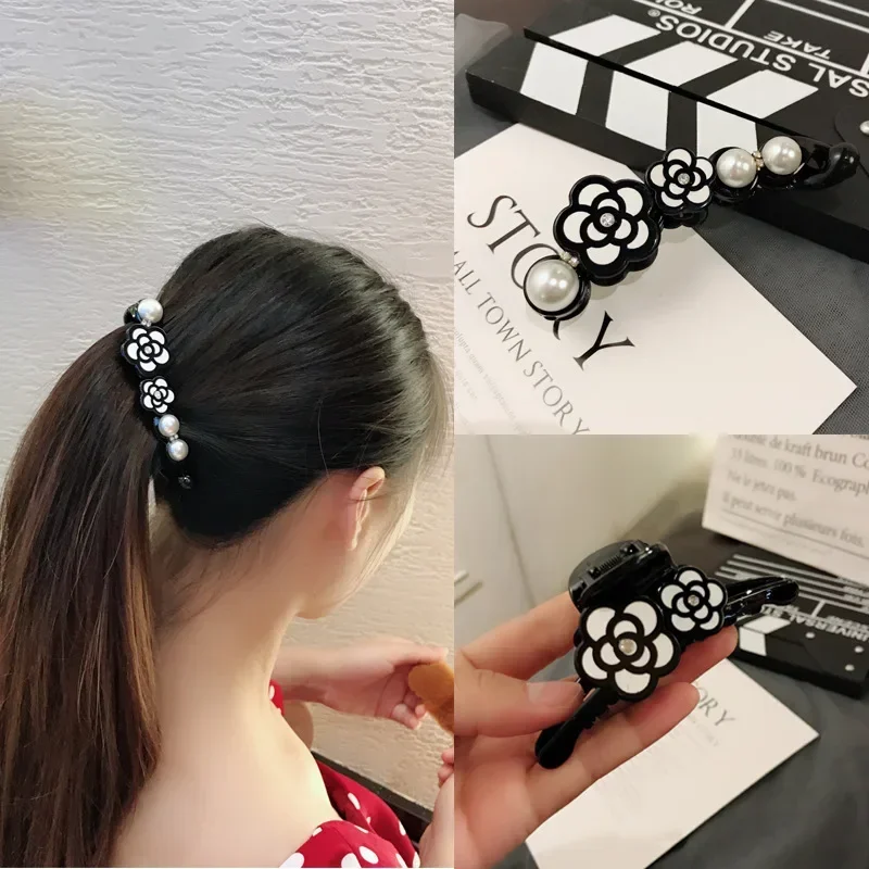 Fashion Pearl Banana Hair Clip Jewelry Camellia Flower Headdress Elegant Round Ponytail Large  Accessories for Girls Women