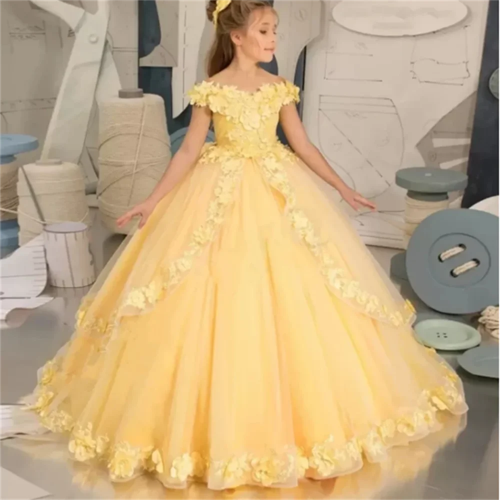 

Flower Girl Dresses Lace Yellow Tulle Beading Appliqued Pageant For Girls First Communion Dresses Kids Prom Dresses