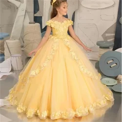Flower Girl Dresses Lace Yellow Tulle Beading Appliqued Pageant For Girls First Communion Dresses Kids Prom Dresses